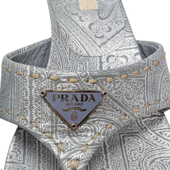 Vintage Prada Logo Kitten Heel Flip Flops Square Toe Sandal Mule Silver Blue 40 - Picture 7 of 13